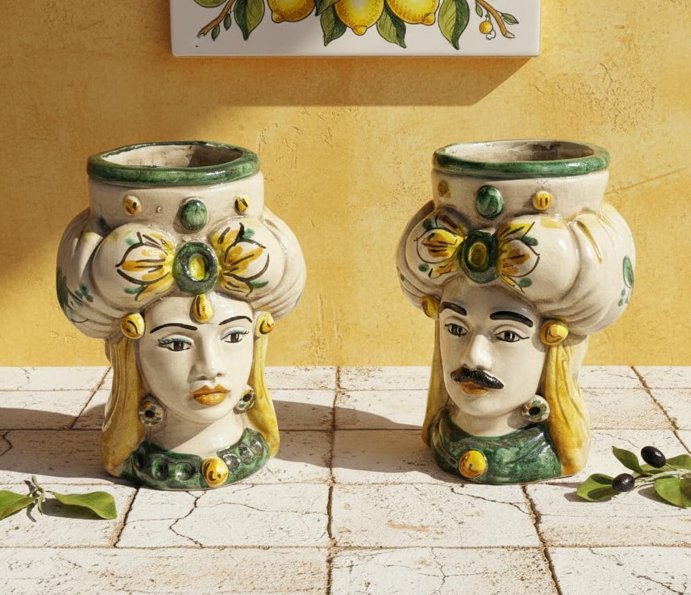 Mondocreazioni Coppia teste di moro in ceramica siciliana di caltagirone realizzate a mano artigianalmente art. rotondo (VERDE)