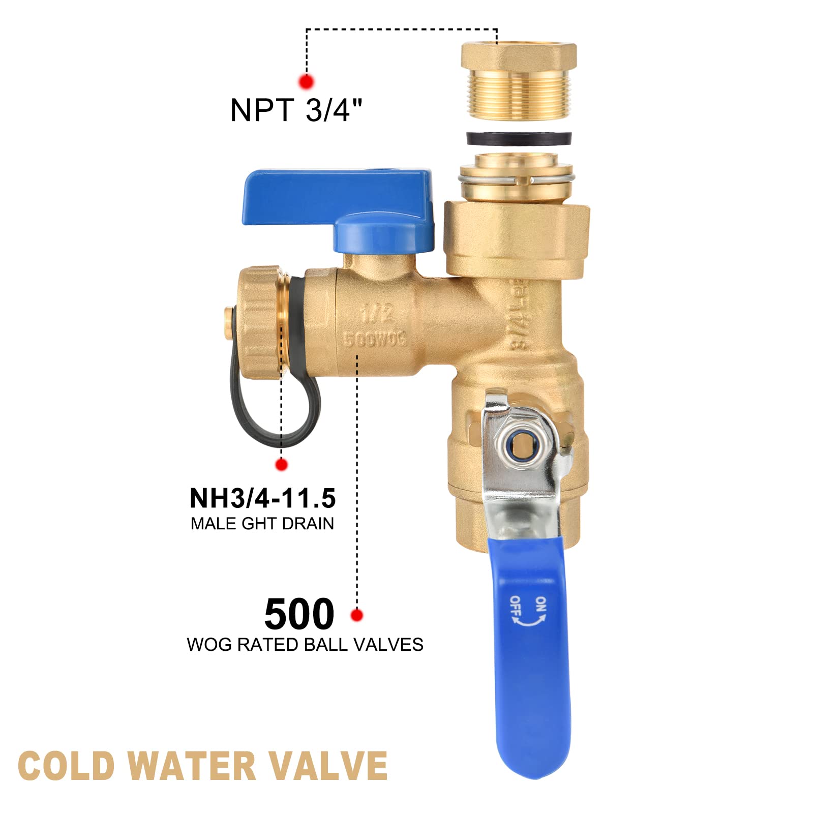 Kit valvola di servizio per scaldabagno IPS da 0,75" senza serbatoio con valvola di sfiato | Kit completo di valvole IPS da 0,75" con valvole di isolamento caldo e freddo, valvola limitatrice di pressione e nastro PTFE