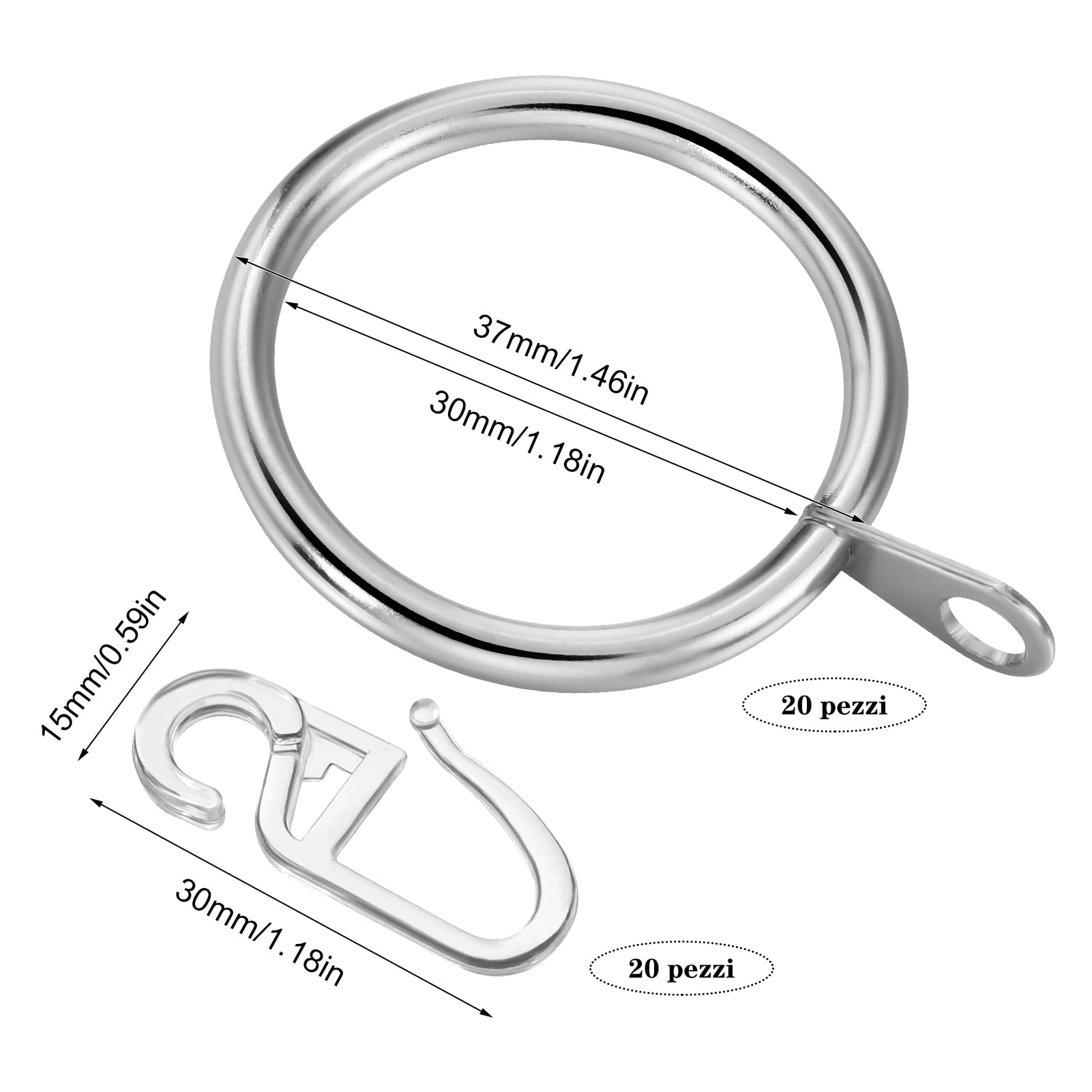 Anelli Per Tende In Metallo Con Ganci - 20 Pezzi | Diametro 35 Mm | Per Tende Doccia E Finestre - Foto 10