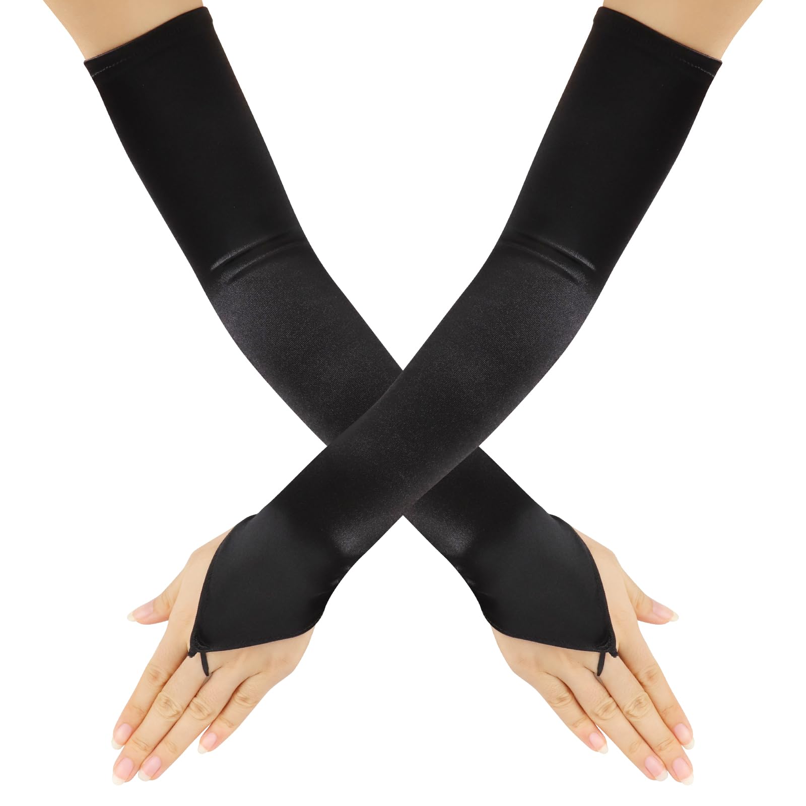 DAJISI Long Black Gloves, Stretchy Satin Long Gloves Fingerless Elbow Length Opera Gloves Large Long Gloves for Women for Dance Parties Wedding Tea Party Cosplay Costume