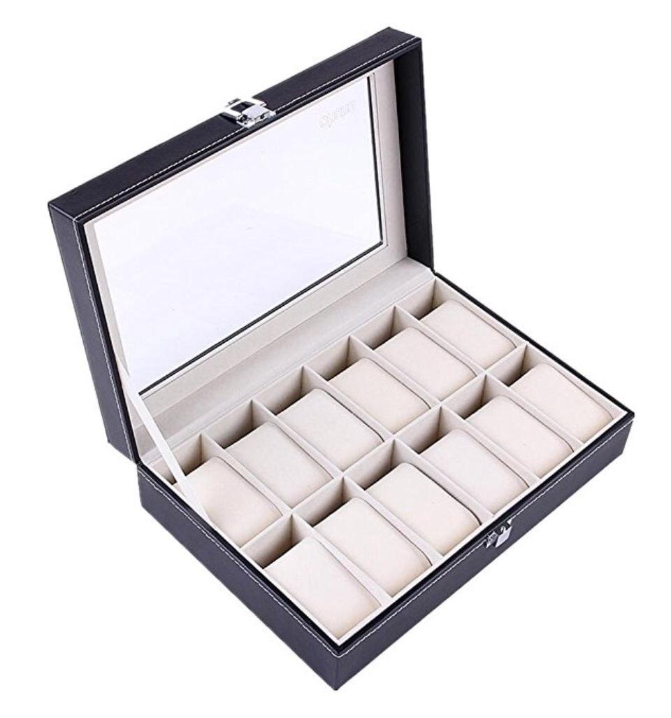 Black Faux Leather Watch Case Bracelet Jewellery Display Storage Box Tray Organiser (12 slot)