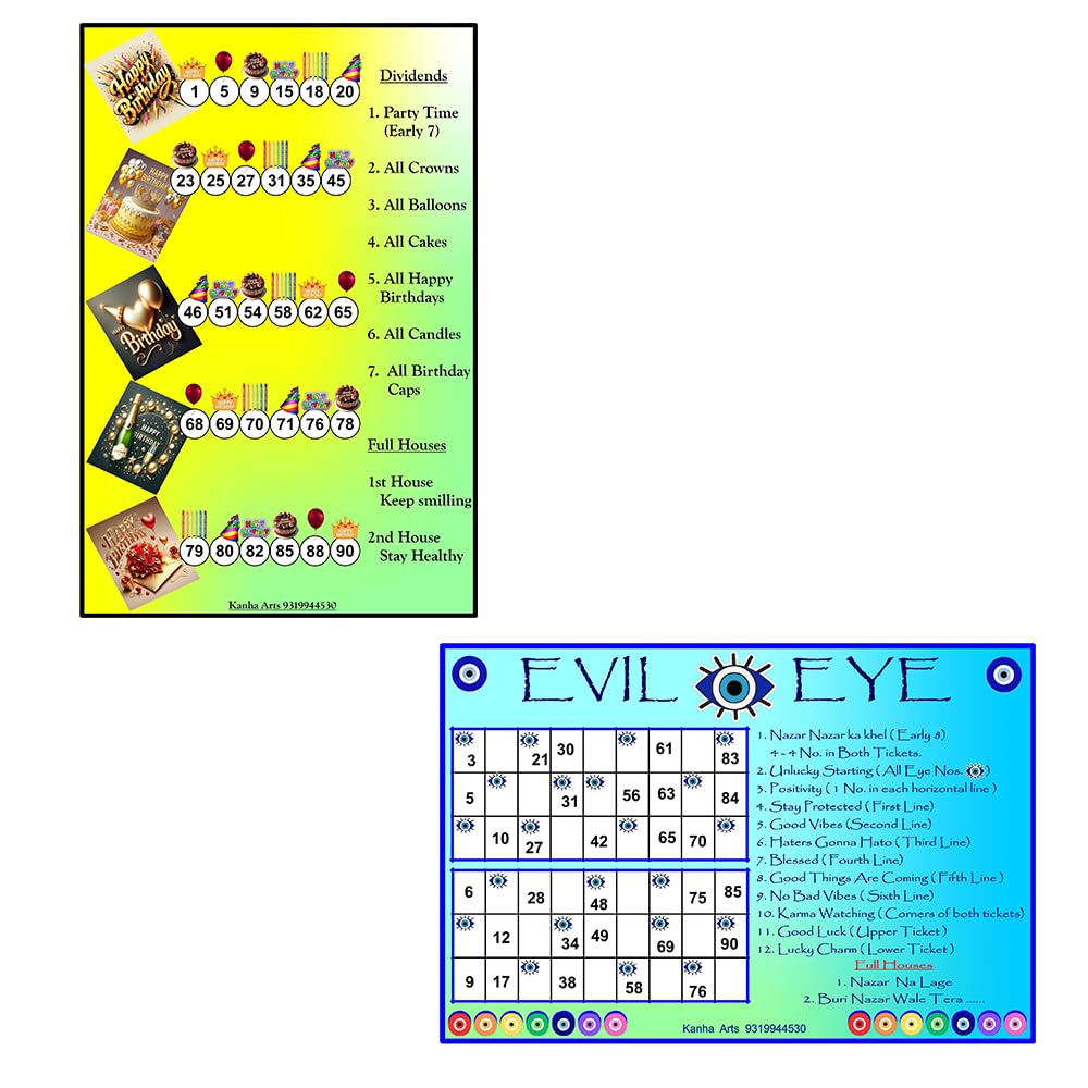 Kanha Arts Evil Eye Theme Tambola Ticket & Birthday Party Tambola Housie Durable Hard Card Sheet Material for Interactive Learning & Play