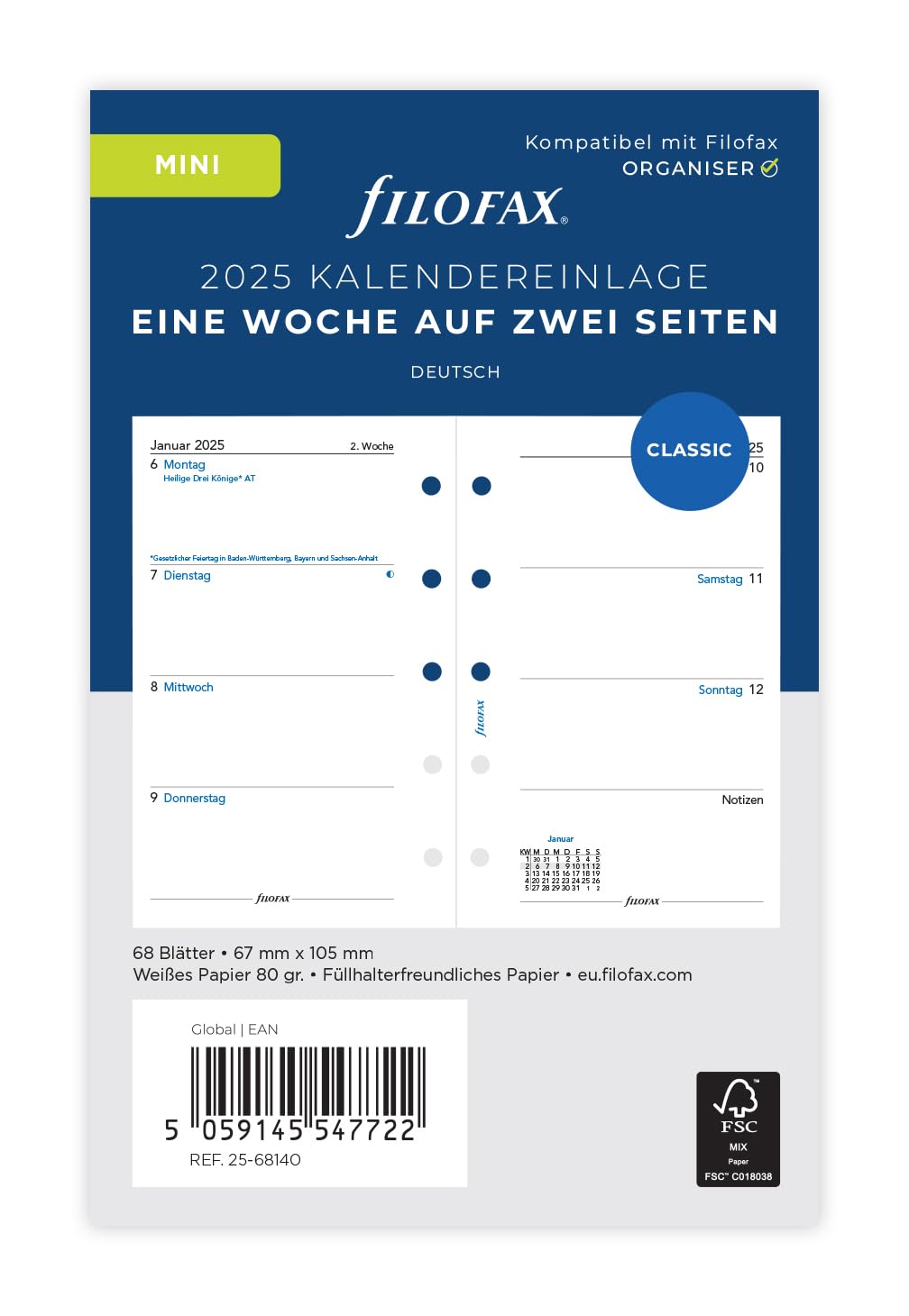 Agenda Filofax Mini 2025 - 1 Semaine Sur 2 Pages En Allemand - Compatible Tous Organiseurs Mini