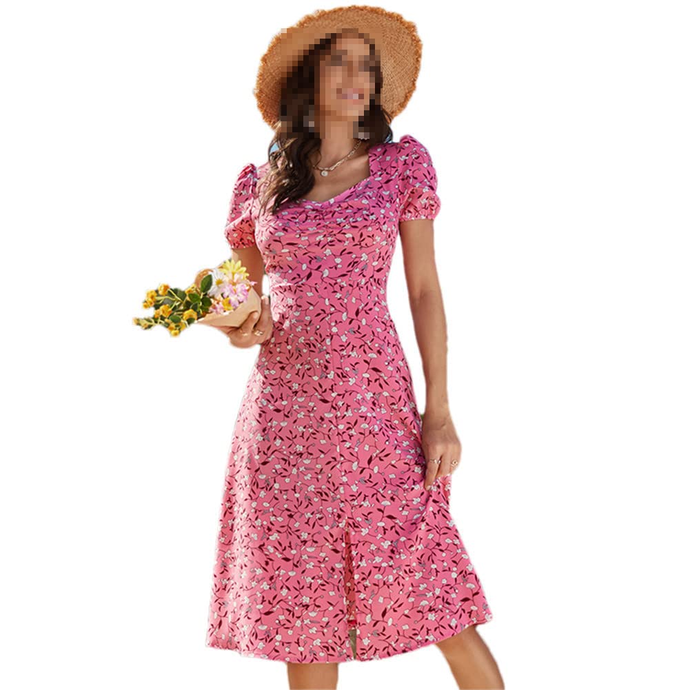 Vsadsau Vestido largo de verano para mujer, casual, ajustado, acampanado, manga corta, estampado floral, abertura lateral, vestido midi