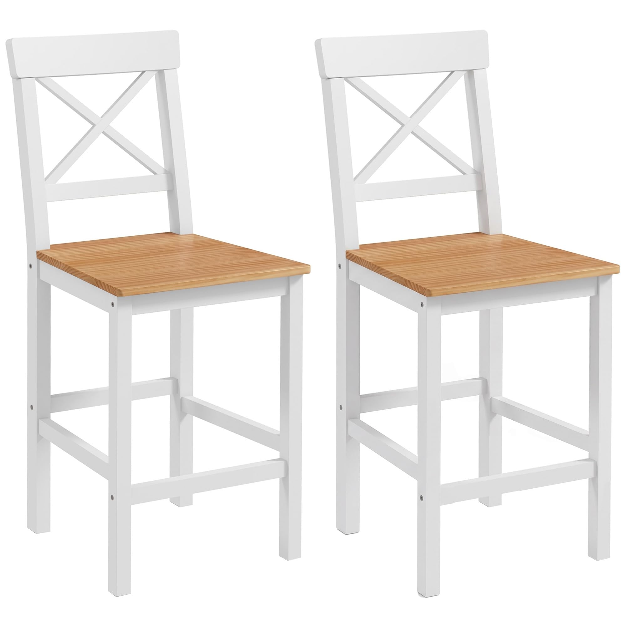 HOMCOM Conjunto de 2 Taburetes de Bar Altura Asiento 60,2 cm Taburetes de Cocina de Madera con Respaldo y Reposapiés Carga 120 kg para Comedor Salón Natural y Blanco