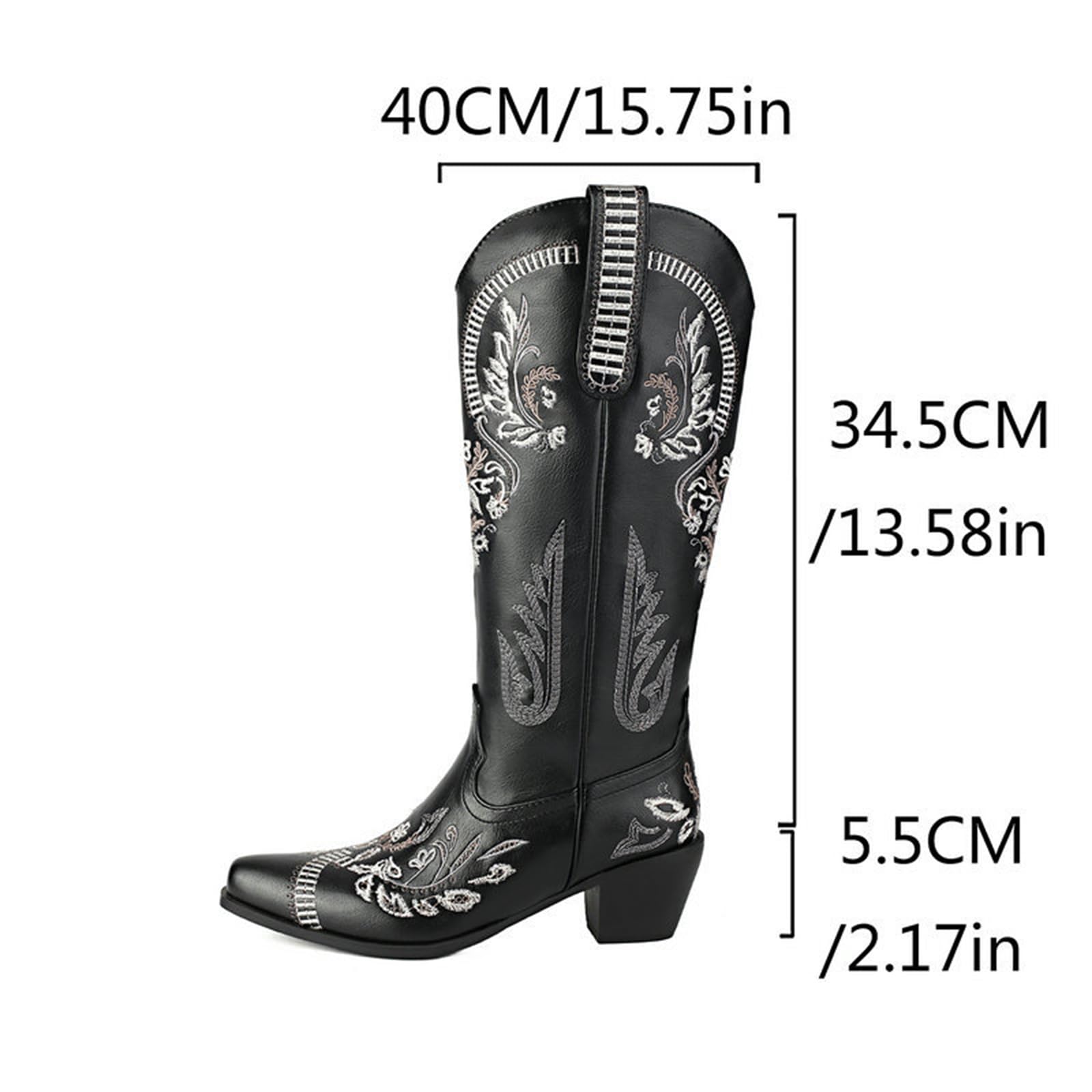 Stivali da Cowboy Western Neri da Donna, Ricamati, al Polpaccio, Punta a Punta, Casual Stile Country