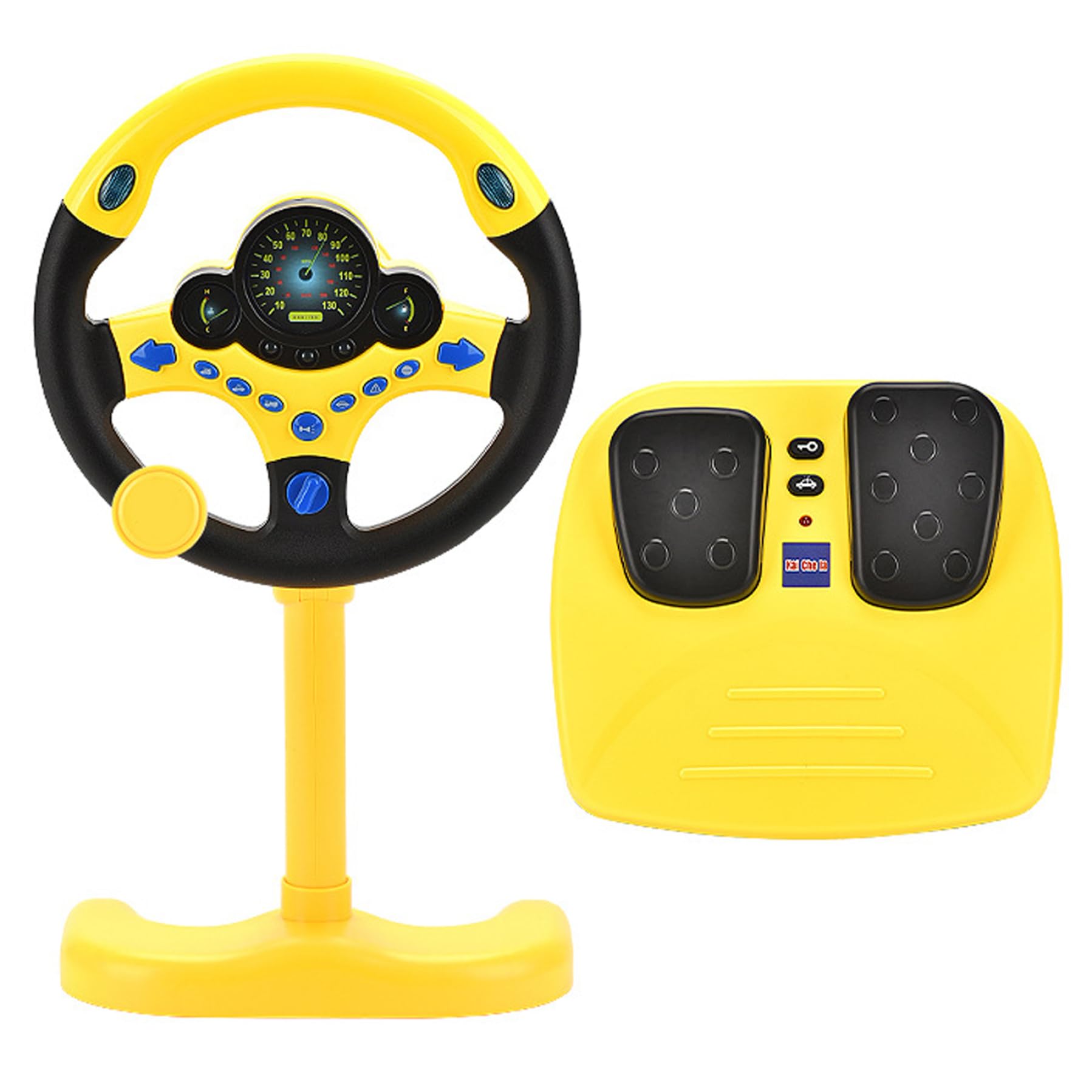 Volante Giocattolo, Volante di Simulazione con Pedale dell'Acceleratore e Cinghie, Rotazione a 360° ed Effetti Sonori Divertenti, Luci Splendide per Bambini dai 3 Anni in su, Giallo