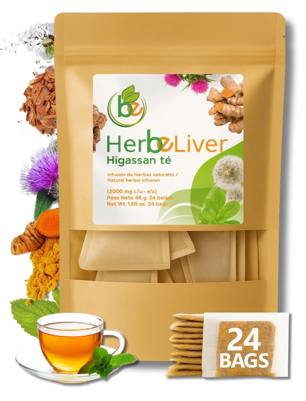 Cardo mariano, curcuma, diente de leon, boldo & cuachalalate TE (Milk thistle, turmeric, dandelion, boldo & cuachalalate) 24 Tea Bags, 100% natural