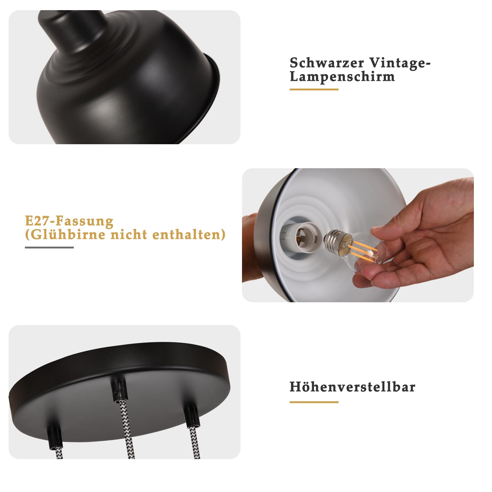 Pendellampe tavolo hängelampe vintage esszimmer industriale lampada | rond 3 flammig retro hängeleuchte nera metallo schermo E27 per cucina soggiorno
