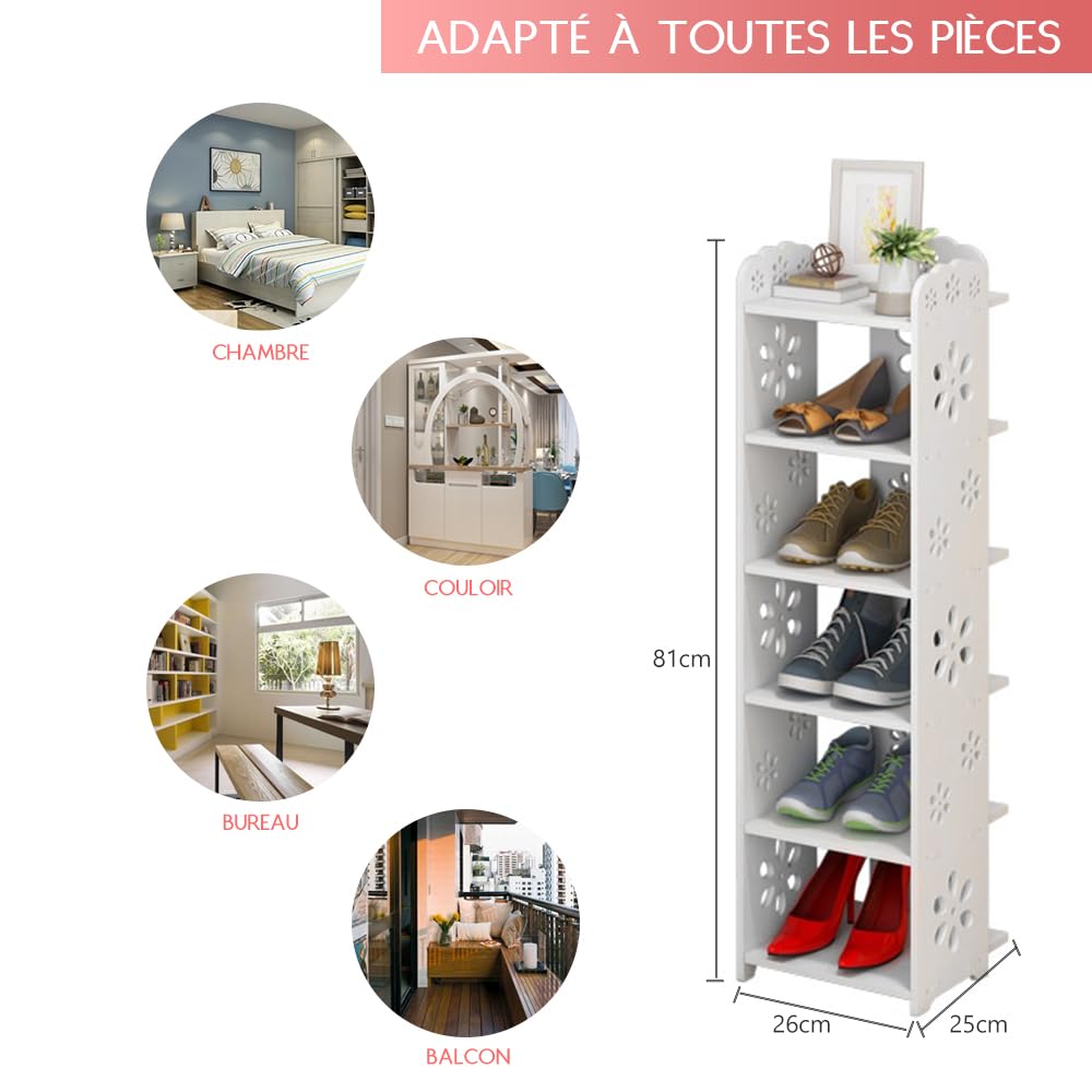Dripex Etagère à Chaussures Blanche, Étagère de Rangement Gain de Place, Montage Ultra Facile, Meuble Compact pour Entrée Couloir Salon, 6 Niveaux