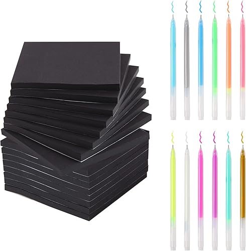 Notas adhesivas negras (paquete de 16) de 3 x 3 pulgadas y bolígrafos de gel para papel negro (12 bolígrafos) bolígrafos de gel y notas adhesivas