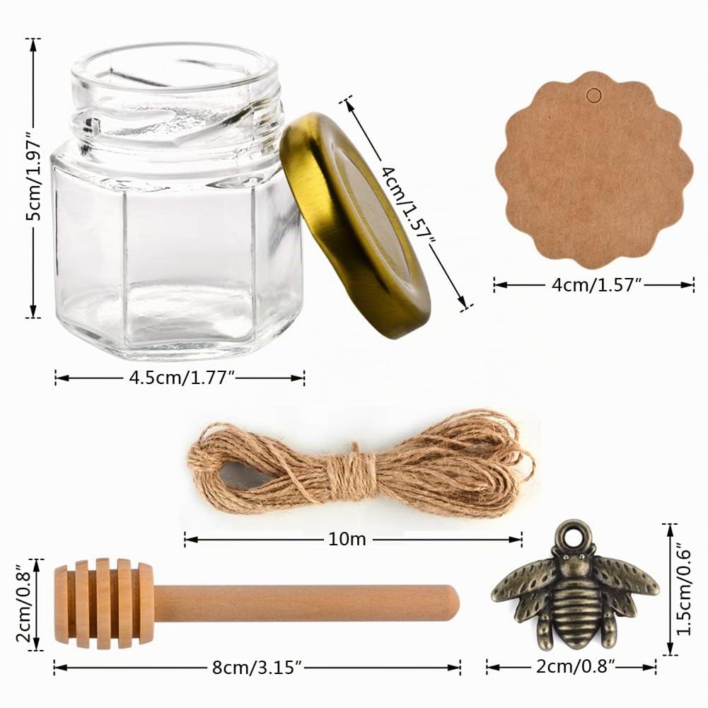 20 pezzi Mini Vasetti per Miele Esagonali in Vetro,45ml vasetti vetro piccoli,Barattoli per Miele,bottigliette di vetro piccole,vasetti miele bomboniere,dosatore miele,matrimoni e feste
