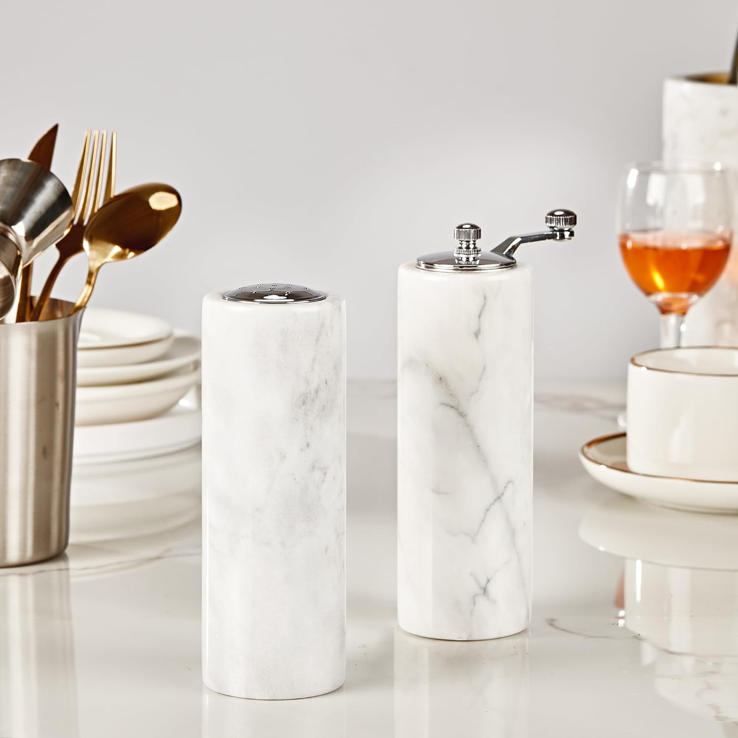 Manual Pepper Grinder and Salt Shake, Nature Organic White Marble Spice Peppercorn Mill for Seasoning Cooking Dining,Adjustable Heavy Duty Peppermill Kitchen Accessories Luxury Housewarming Present