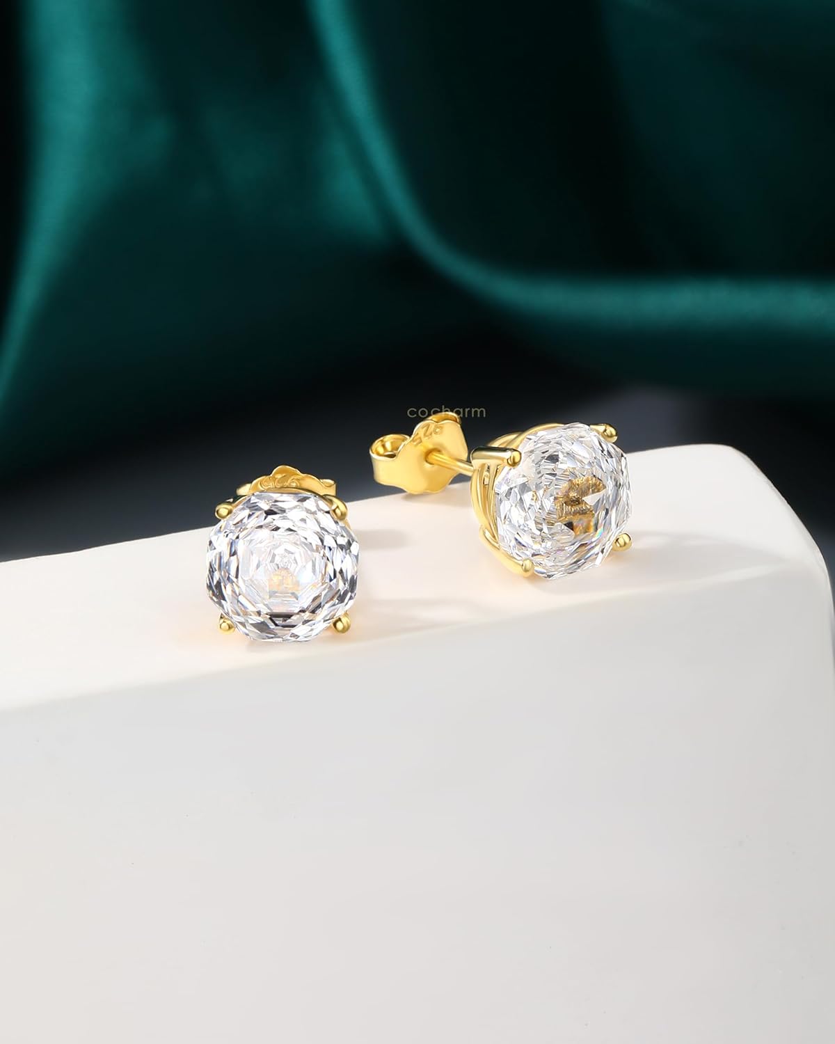 COCHARM 14K Gold Plated Stud Earrings 925 Sterling Silver Rose Cut Cubic Zirconia Lobe Earrings 20g Gold Minimalist Earrings for Women - Image 4