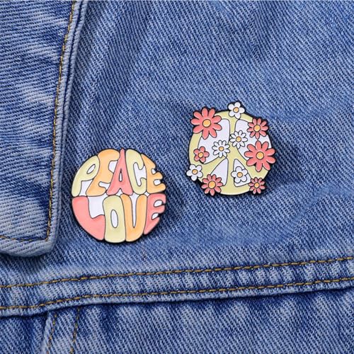 Image of 2pcs Cute Flower Peace Sign Brooches Set for Women Girls Round Pink Enamel Daisy Hippie Love Peace Symbol Breastpin Lapel Pins Dainty Dress Accessories Holiday Festival Jewelry Gifts Souvenirs
