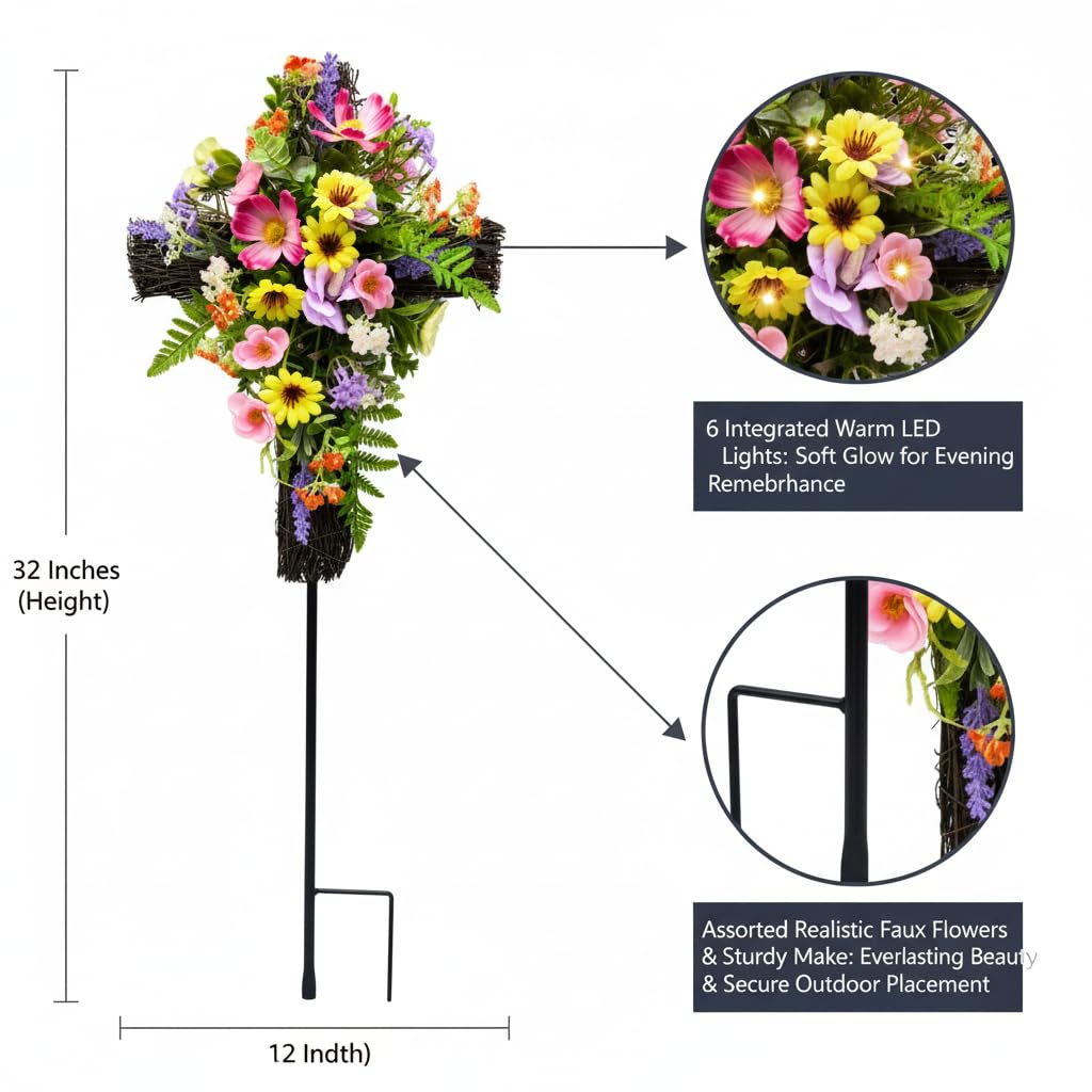 Svndlyn Décoration de cimetière solaire en forme de croix pour tombe, fleurs commémoratives artificielles éclairées avec piquet, hommage floral résistant aux intempéries pour tombe, cadeau de