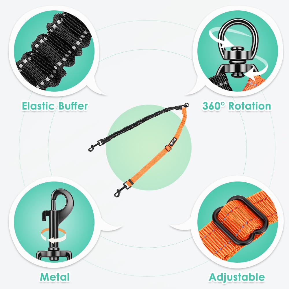 AUTOWT Deux laisses pour chien, 2 en 1 avec double attache de laisse pour chien, combinant sangle réglable et élastique absorbant les chocs, sans nœuds, double séparateur d'entraînement pour chiens de
