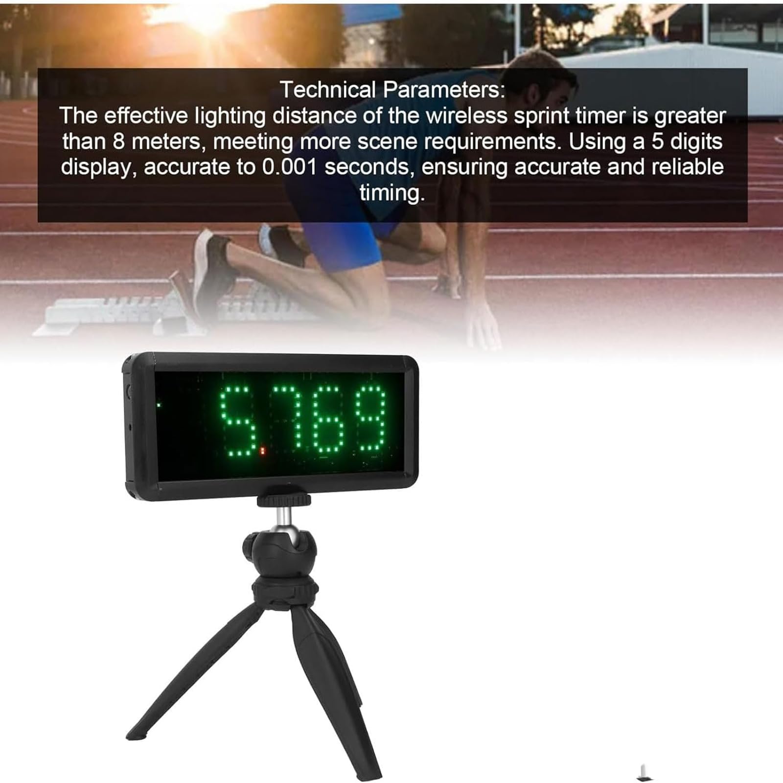 Reloj LED de 5 dígitos con trípode, temporizador de carreras portátil para punto de inicio y punto final, soporte ajustable, distancia efectiva > 8 m