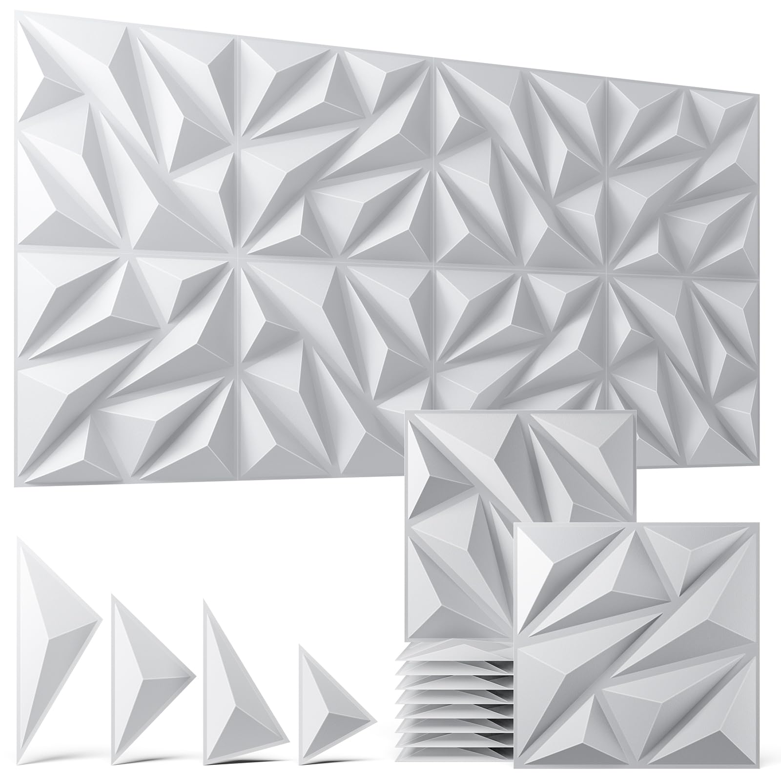 Paneles de pared 3D con diseño geométrico texturizado en blanco para aislar visualmente imperfecciones