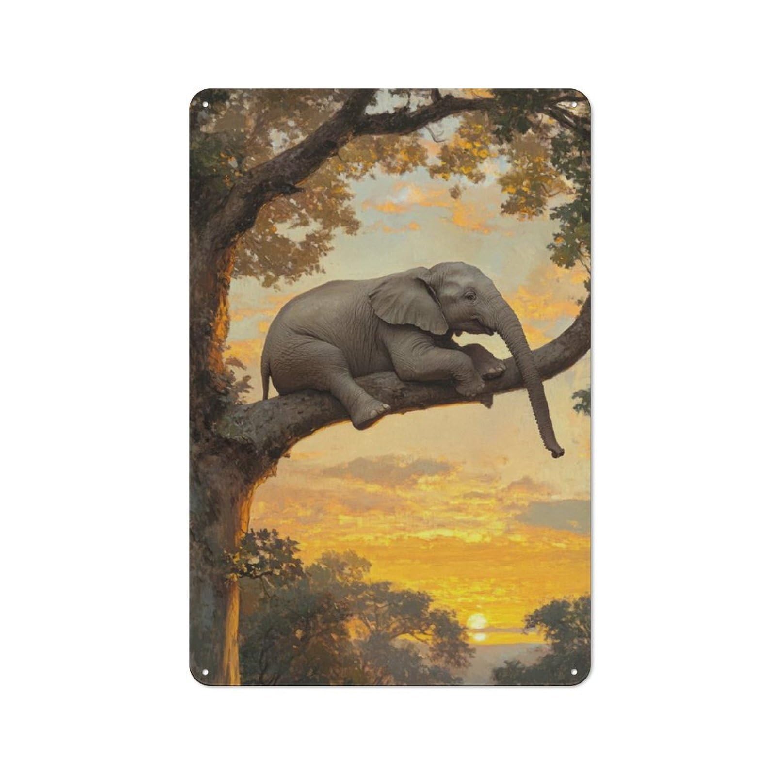 Junmoney Elephant In Tree At Sunset Vintage Tin Sign 30X20cm Featuring For Bar Or Restaurant, A Decorative Christmas Gift For Bar Decor Enthusiasts