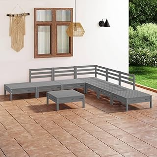 8 Piece Patio Lounge Set Solid Pinewood Gray Outdoor Garden Furniture Sofa Seating Group with Table Weather Resistant Wooden Conversation Set for Backyard Deck