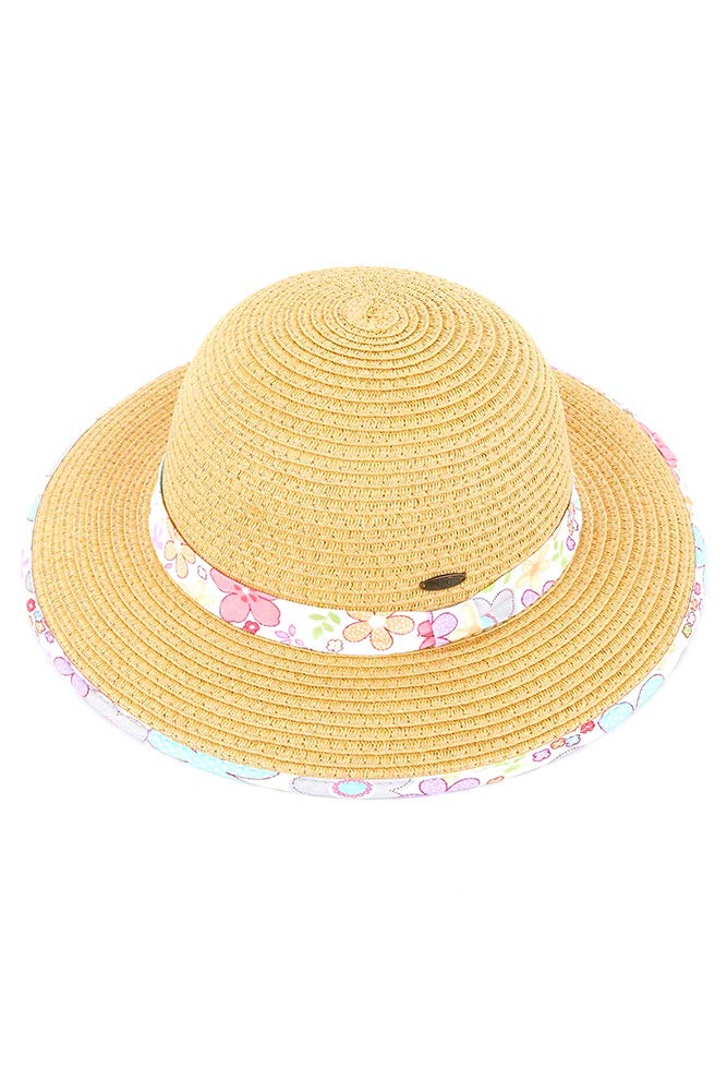 JINS CLOSET Children Kids Girls Boys 2-9 Years Flower Print Fabric Brim Straw Sun Hat