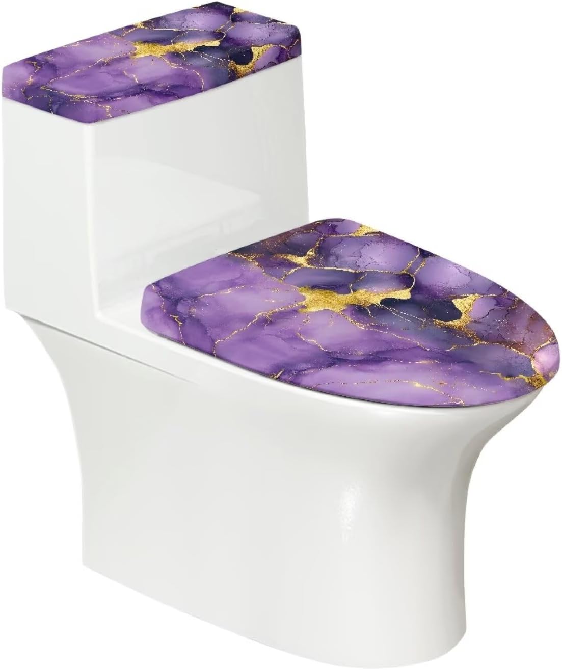 Purple Gold Marble Toilet Lid & Tank Covers Set of 2 Toilet Seat Cover Protector for Bathroom Elongated Lids Elastic Edge