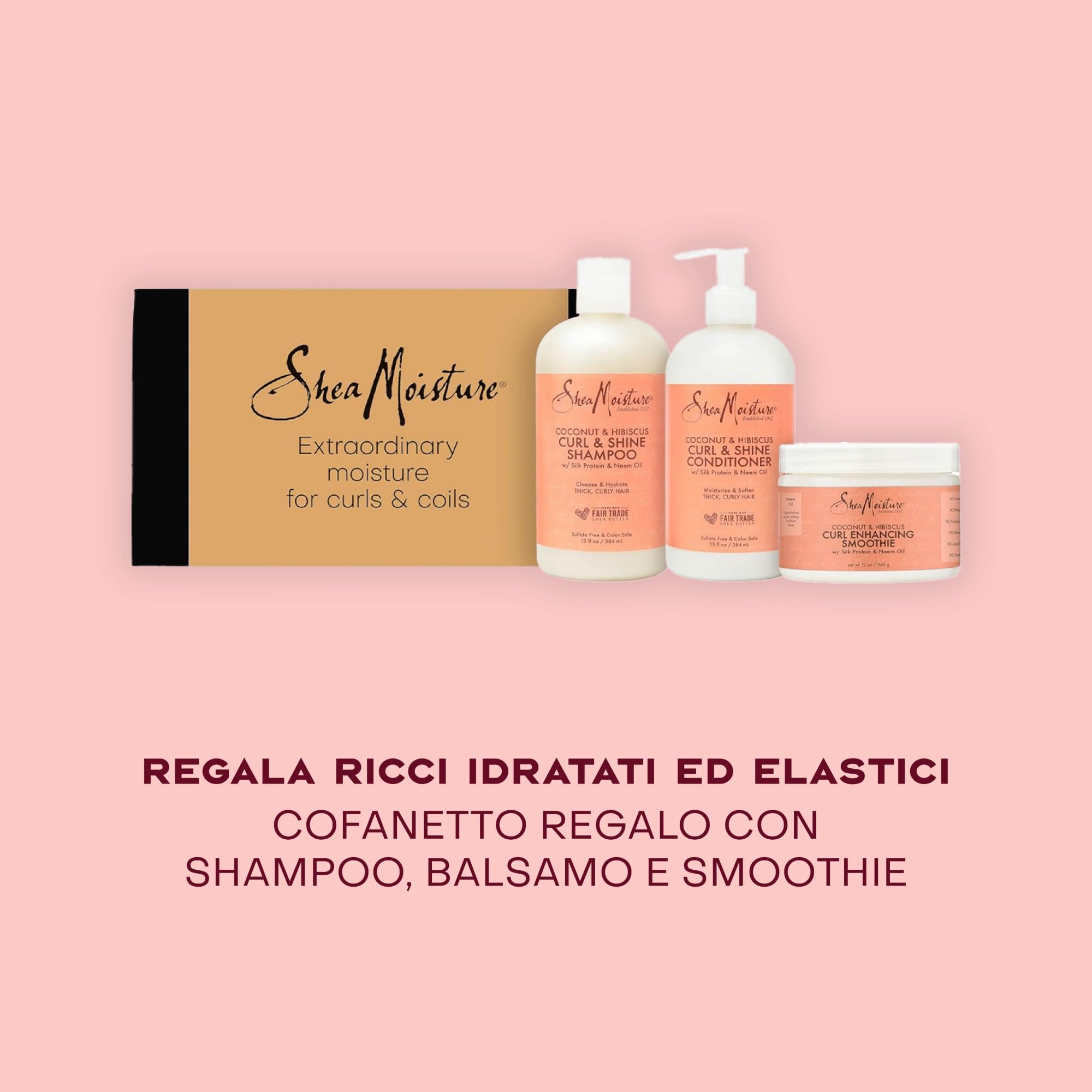 SheaMoisture Cofanetto Regalo Curl & Shine, Con Shampoo, Balsamo e Crema Leave-In, Per Capelli Ricci e Afro, Idratazione ed Effetto Anti-Crespo, Con Olio di Cocco e Ibisco, 384ml + 384ml + 326ml