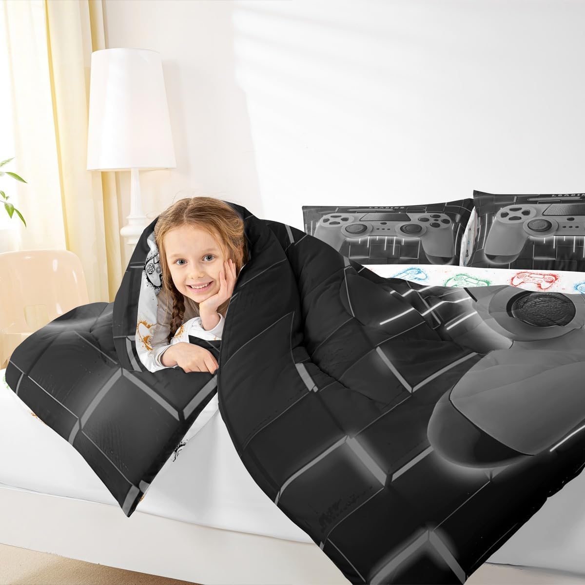 Erosebridal Grey Gaming Kids Queen Comforter Set - Gamer Comforter Boys Queen Size Bedding Set, Neon Lights Abstract Geometric Design Gamer Room Decor