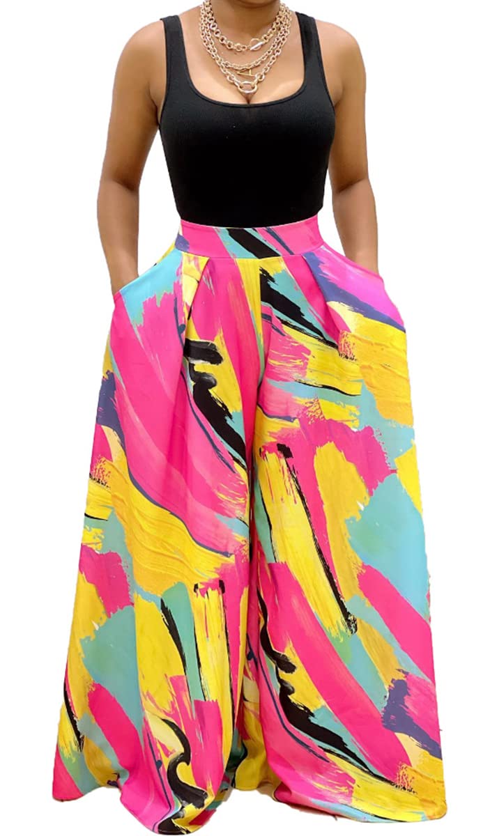BFFBABY Womens Casual Palazzo Pants High Waist Printed Ruched Loose Flowy Lounge Wide Leg Pants M-3XL