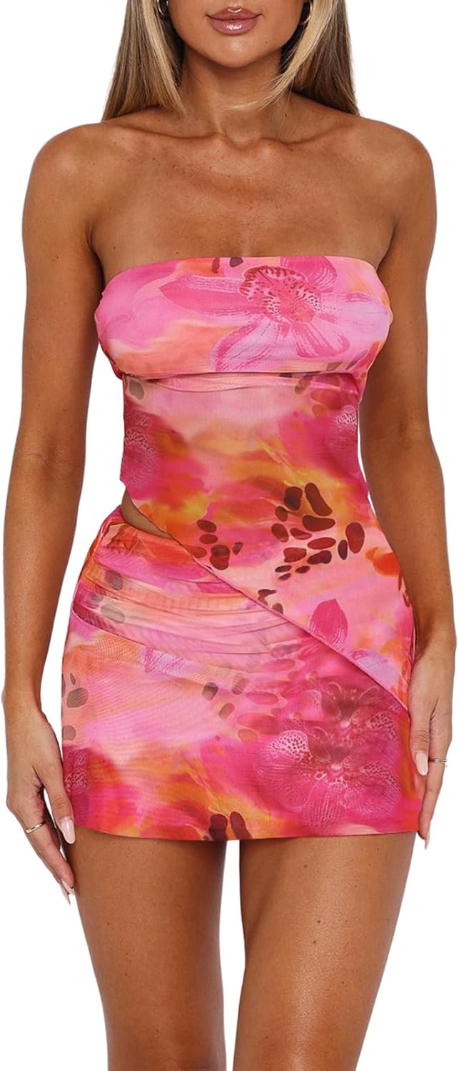 Two Piece Skirt Set Women Summer Asymmetrical Mesh Tube Tops