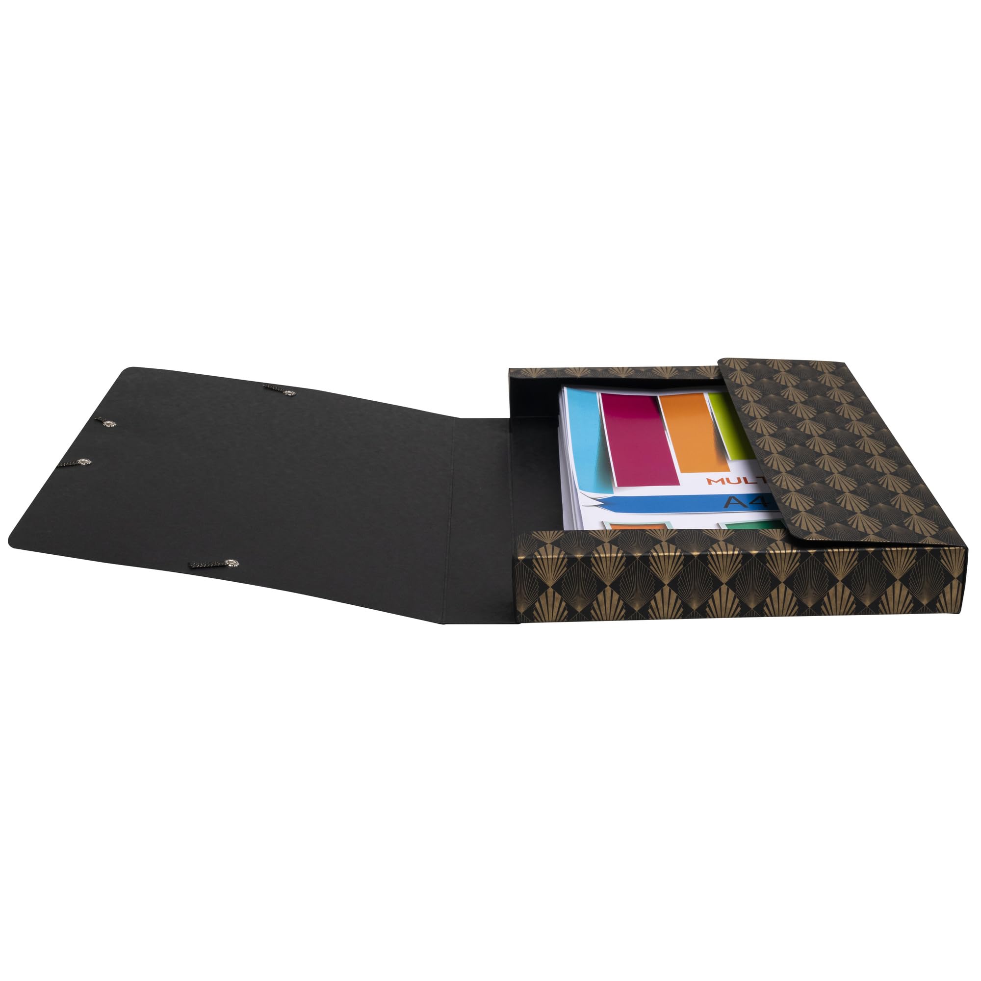 Exacompta - Réf. 59350E - Carton de 8 boîtes de classement Néo Déco avec élastiques noirs et dorés - en carte lustrée 600g/m2 - dos 2,5 cm - dimensions 25 x 33 cm - pour format A4 - couleurs assorties