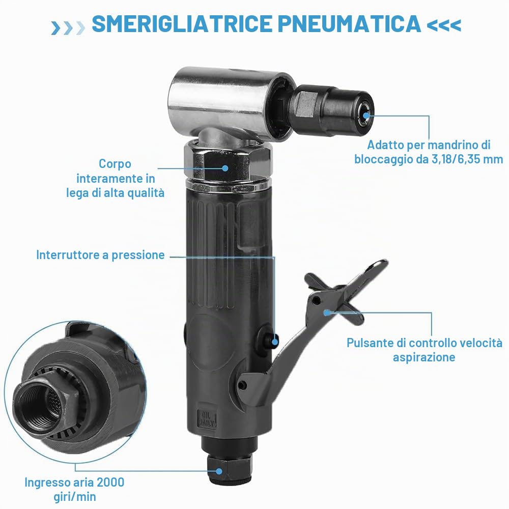 Smerigliatrice Pneumatica Angolare Professionale Ad Aria Compressa 90°, 40pcs, 22005rpm, 20pcs Dischi Abrasivi Lucidatura