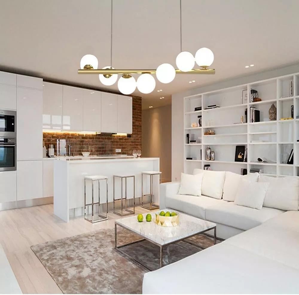 Lampadario Moderno a Sospensione 7 Luci G9, Design Bianco e Ottone, Altezza Regolabile, per Soggiorno Cucina Sala da Pranzo Camera da Letto – Senza Lampadine A06