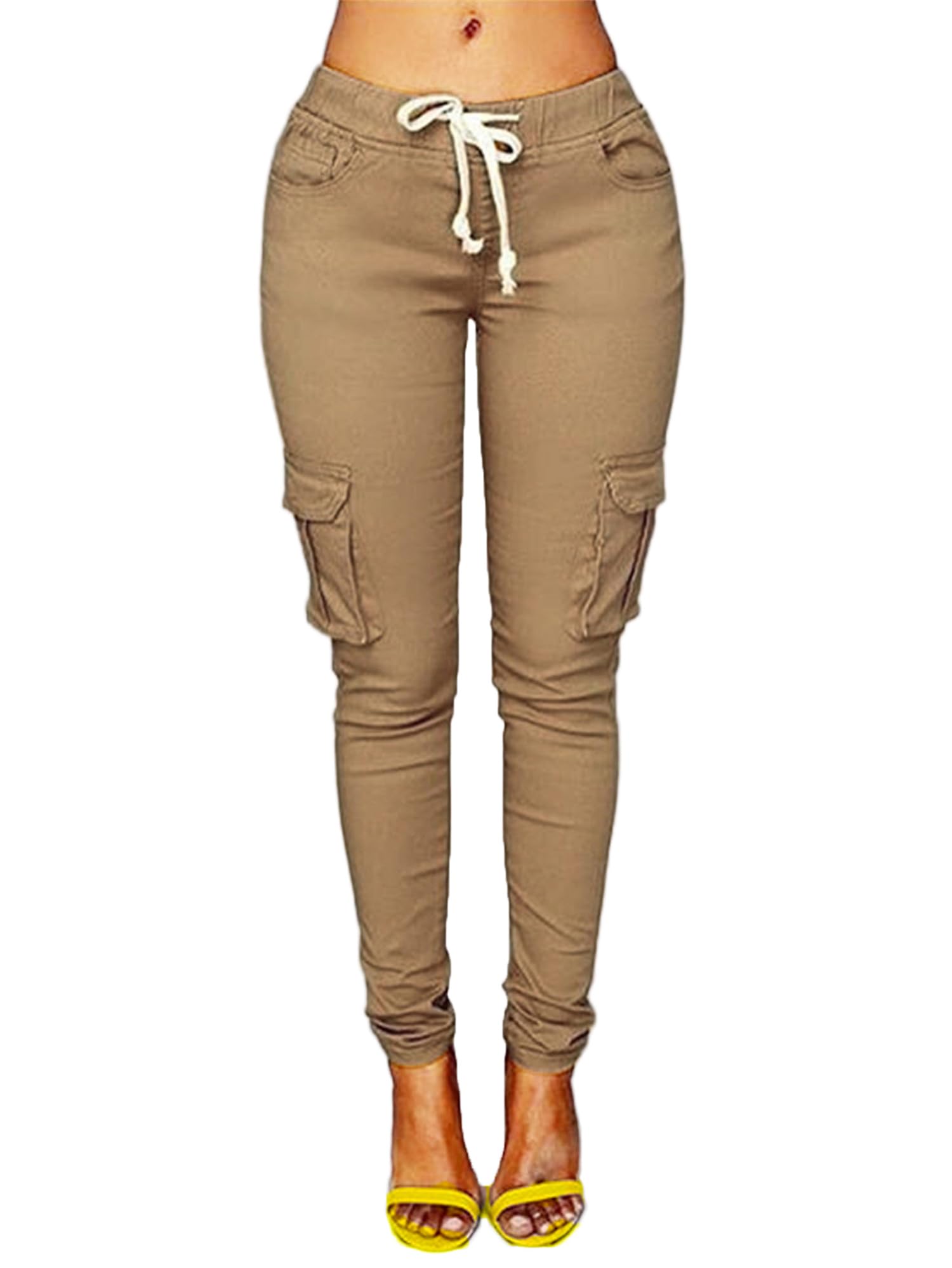 Andongnywell Womens Casual Stretch Drawstring Skinny Pants Cargo Jogger Pants High Waist Tie Butt Lift Pant with Pockets