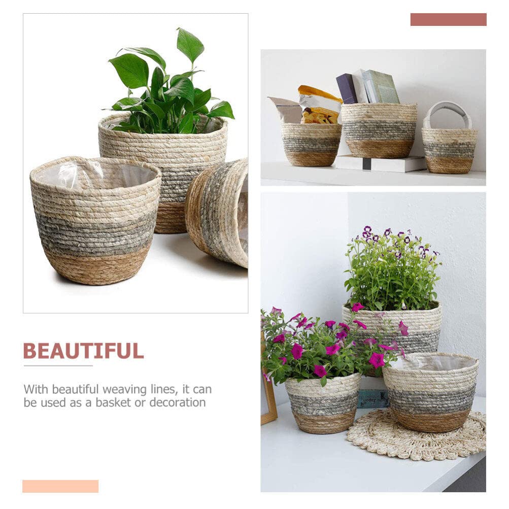 Paniers Tressés en Paille 2 Pièces, Cache-pot Décoratif pour Fleurs