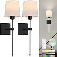 Vista 1 de Juego de 2 apliques de pared a pilas, luces de pared recargables inalámbricas negras con bombillas RGB recargables regulables, lámpara de pared