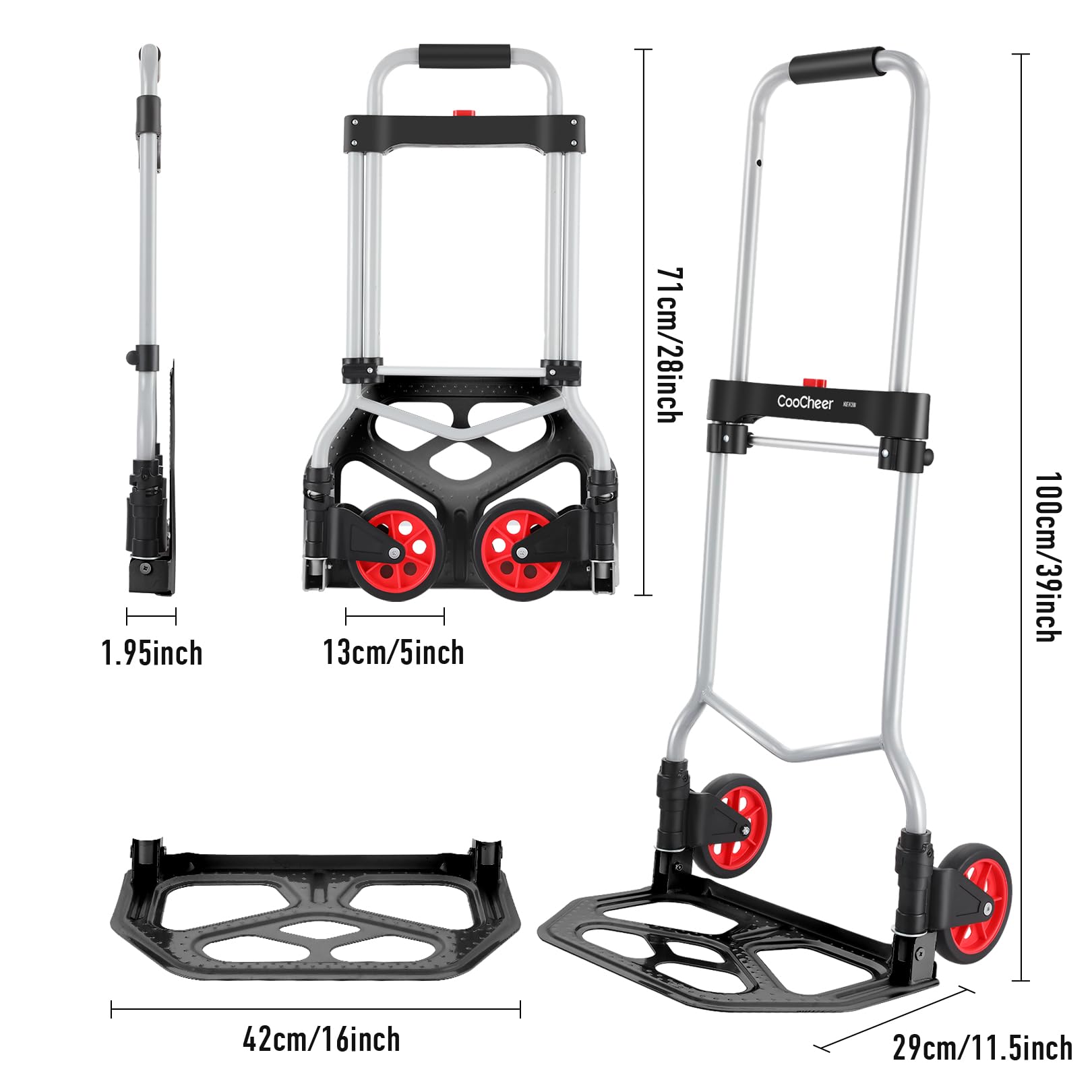 Carrello Pieghevole Portata 100kg, Carrello portapacchi in alluminio con Manico Allungabile, 2 Ruote e Cord con gancio per i viaggiatori, i traslochi, le attività domestiche