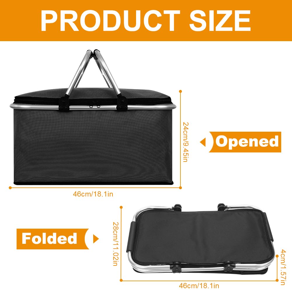 Einkaufskorb Faltbar, 30L Kühlkorb mit Deckel, Thermo Korb Einkaufen mit Klapprahmen aus Aluminiumlegierung und Griff, Picknickkorb mit Reißverschluss, Kühltasche Faltbar für Camping, Einkaufen