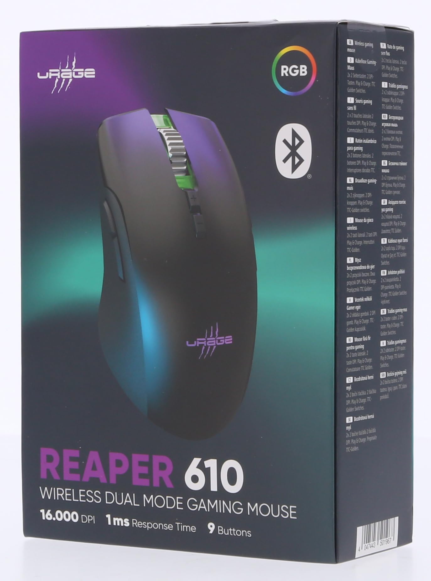 uRage Bezprzewodowa mysz dla graczy Reaper 610 Wireless (9 programowalnych przycisków, mysz do gier 16000 DPI, RGB, kliknięcia do gier TTC-Golden, 48 godzin pracy na baterii, USB-C) czarna