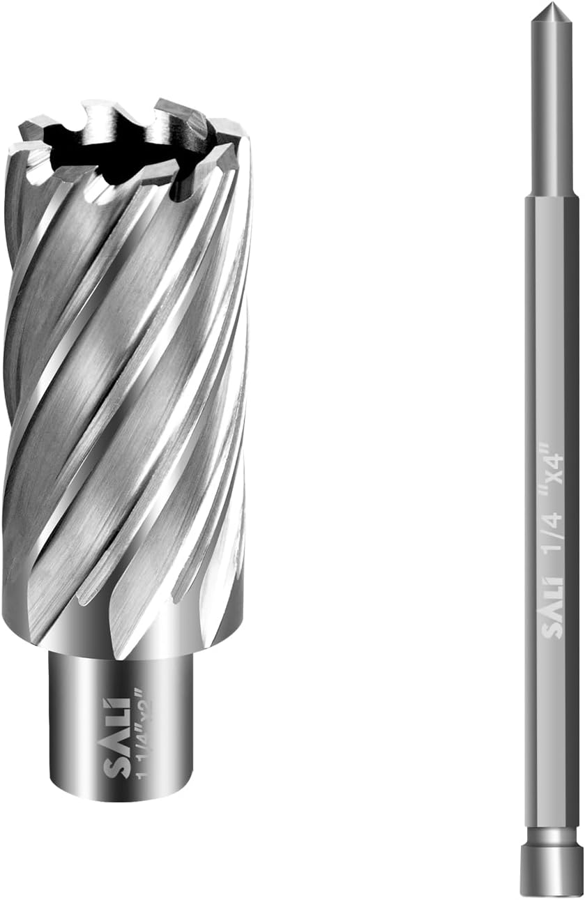 SALI Annular Cutter Diameter 1-1/4 Inch with Weldon Shank 3/4" (with 2 Flats) Cutting Depth 2" Mag Drill Bit for Magnetic Drill Press HSS Fully Ground Drill with One 1/4"*4" Pilot Pin