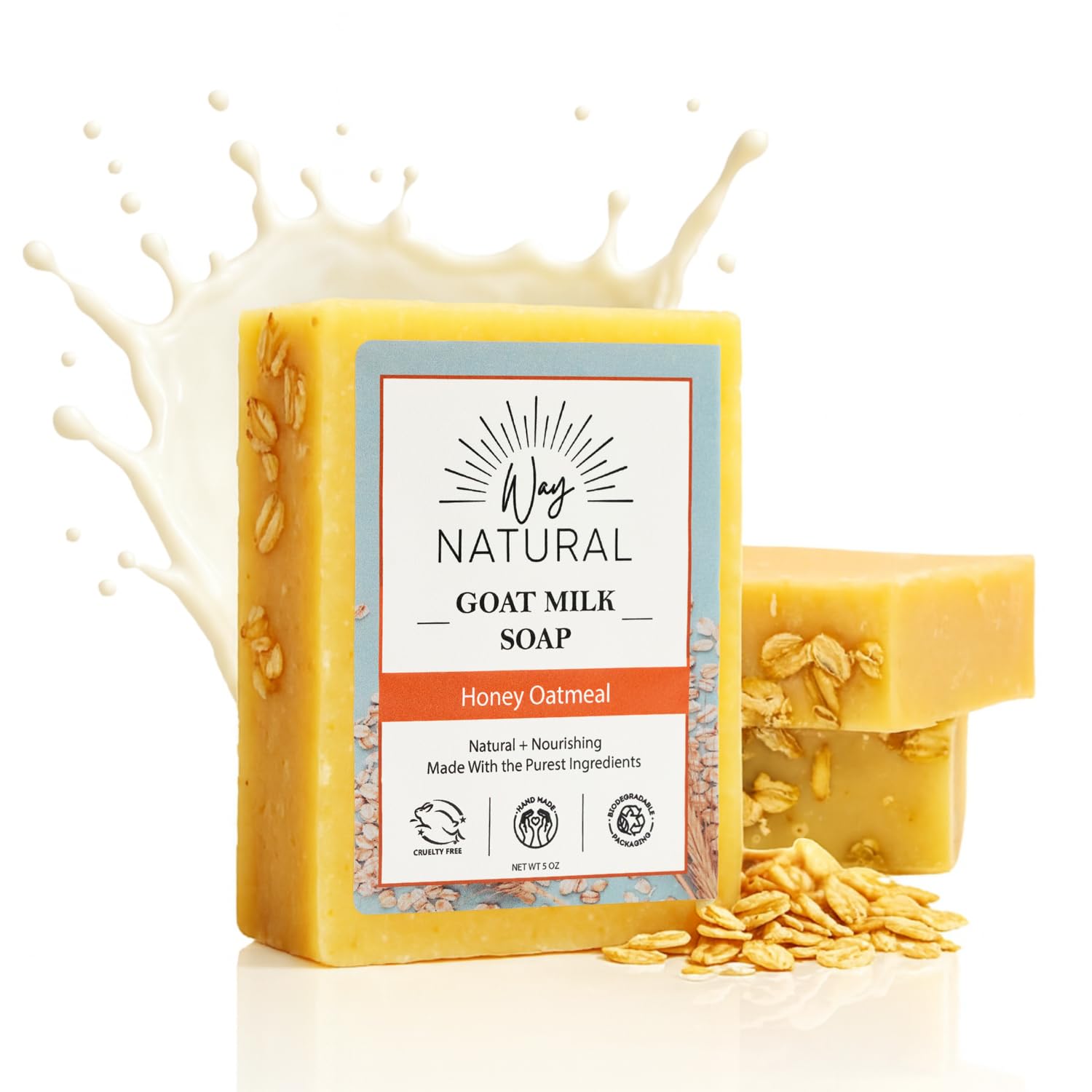 Way Natural Honey Oatmeal Soap Bar (3 Pack) - Goat Milk Soap for Men, Women & Kids - Natural, Handmade w/Real Milk - Dry, Sensitive Skin, Hands/Body -