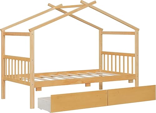 Miniatura 147 de Merax Cama de madera de tamaño individual con dos cajones, marco de cama de madera con techo para niños, adolescentes, niños o niñas, gris