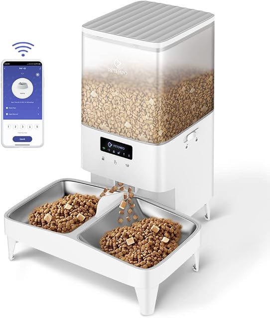 PETEMPO Automatic Cat Feeder, 5L WiFi Enabled Cat Food Dispenser Anti Food Stuck, Double Cat Bowls, 1-60 Portions 10 Meals Per Day, Plug & Battery Powered, for Small Medium Dog Pet
