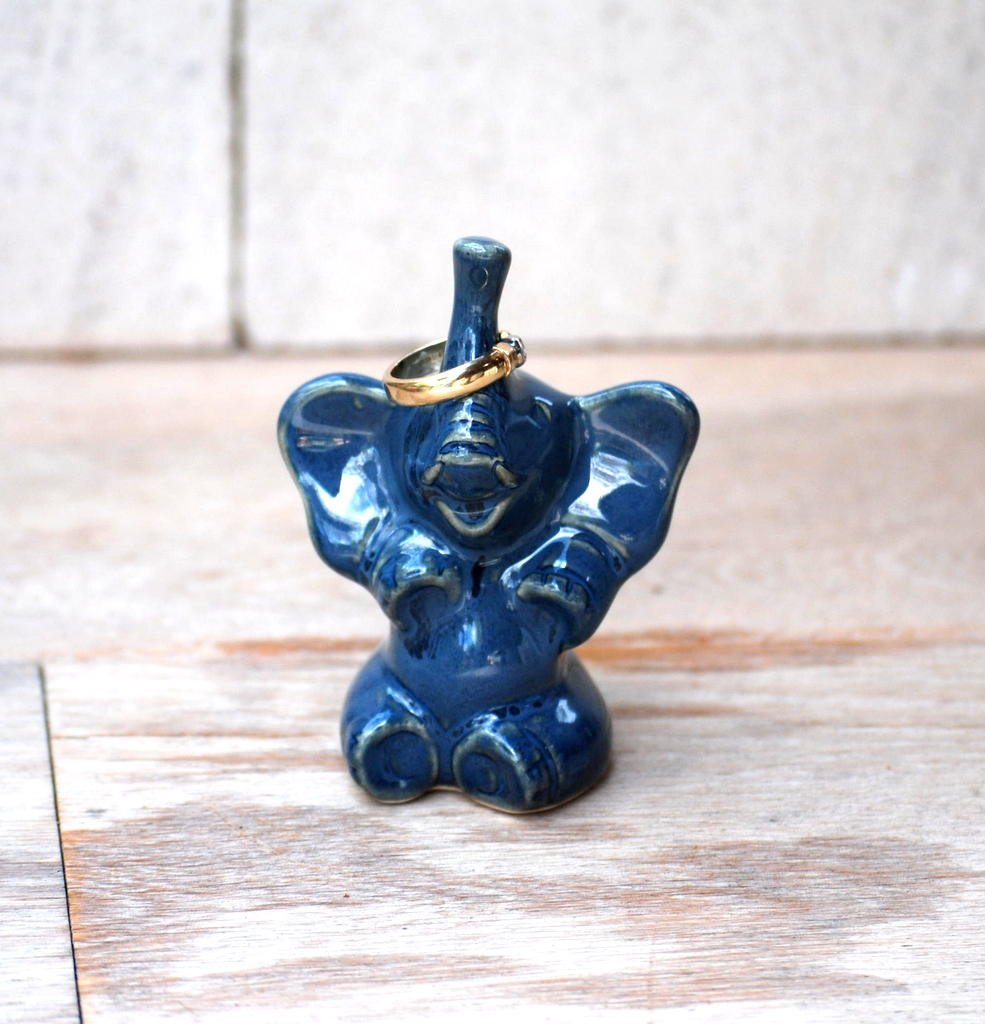 Handmade ceramic elephant ring holder in stormy blue
