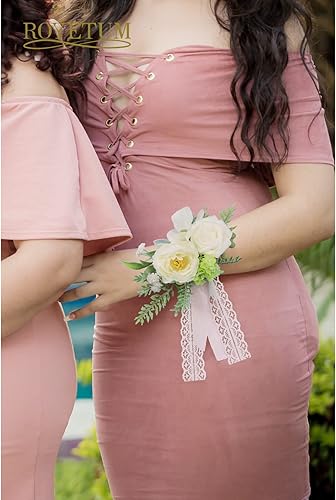 Miniatura 6 de Juego de 6 pulseras de ramillete de graduación, hechas a mano con rosas artificiales blancas y verdes, para decoración de boda, ceremonia,