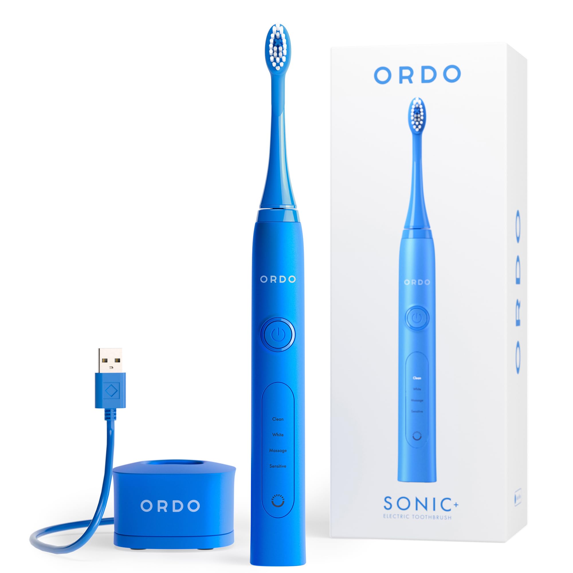 Ordo Sonic+ Electric Toothbrush for Adults, Advanced Smart Tech, 4 Brushing Modes, Fast Rechargeable, Sonic Toothbrushes Over 4 Weeks Battery Life, Silicone Polishing Element, USB Charger, Arctic Blue