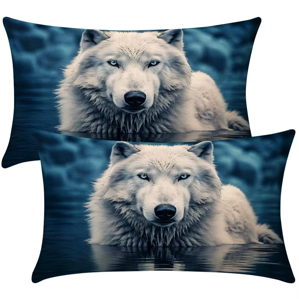 Cushion Covers 35cm x 55cm Wolf Cushion Cover 14 x 22 Inches Pack of 2 Throw Pillow Covers Animals Sofa Cushions Polyester Linen Decorative Pillowcases for Couch Living Room Bedroom Home Decor -SC387