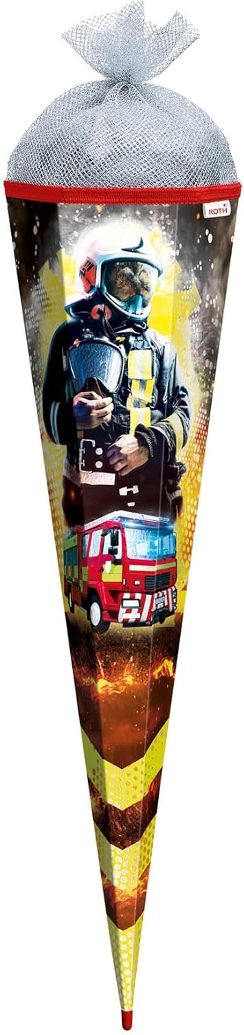 ROTH Large School Cone Fireman 85 cm Foil & Silver Tulle, Square Red Lace Tulle Closure - Fireman First Day of School Sweets Bag