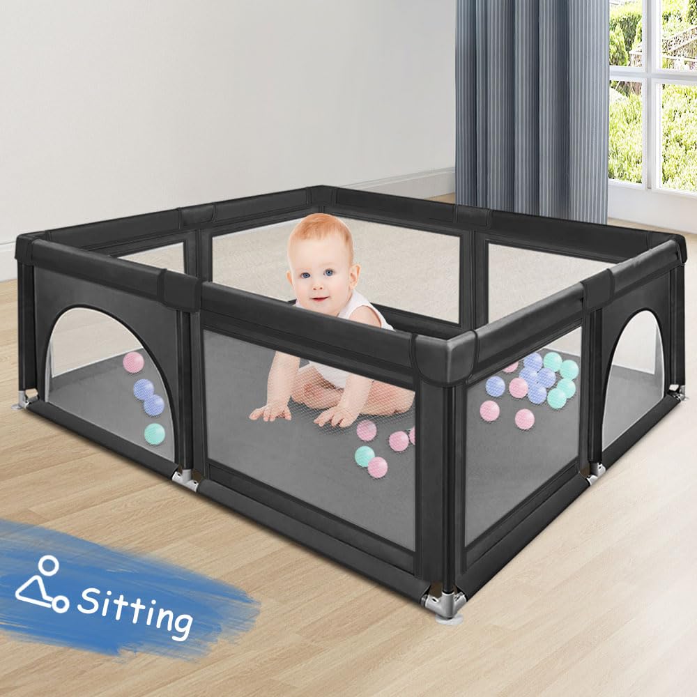 XANNI Parc Bébé, Parc pour Bébé avec 50 Balles, avec 2 Porte à Fermeture Éclair Ronde, Large Parc Enfant pour Intérieur et Extérieur, 120 * 120 cm